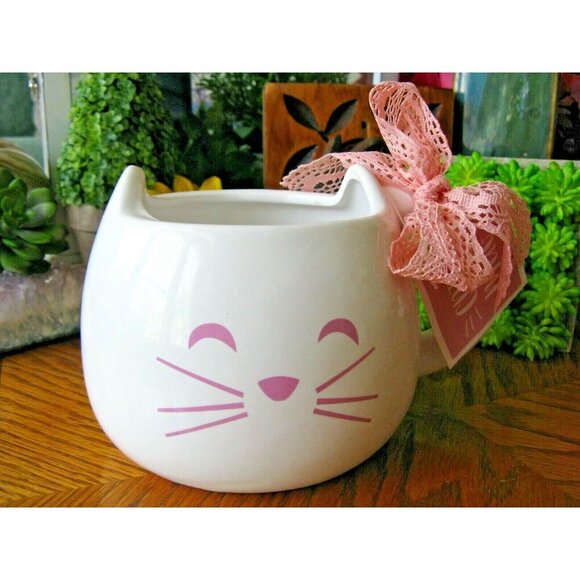 New XL Pink & White Cat Ceramic Coffee Tea Mug Cup w/ Bow - Picture 7 of 8